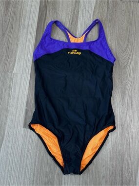 Women's Black One-Piece Swimsuit with Purple Trim and Orange Lining